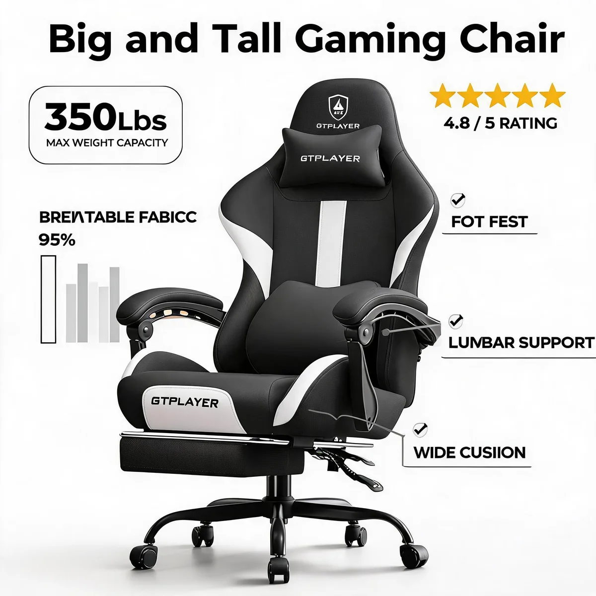 Big and Tall Gaming Chair, 350Lbs Heavy Duty Office Chairs High Back Computer Chairs with Foot Rest Wide Cushion Lumbar Support Desk Chair Comfy for Adults Breathable Fabric