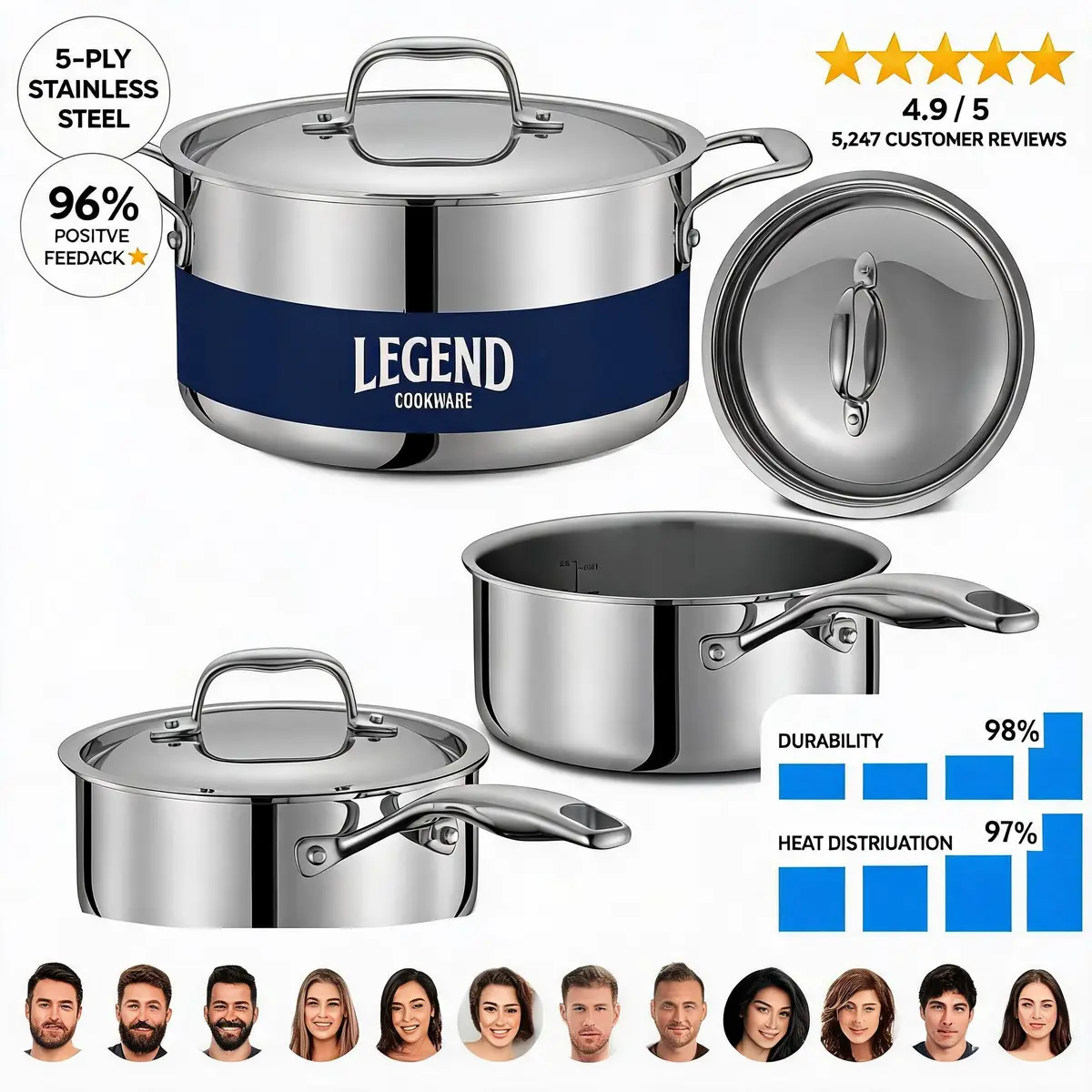 LEGEND COOKWARE 5-Ply Stainless Steel Cookware Set